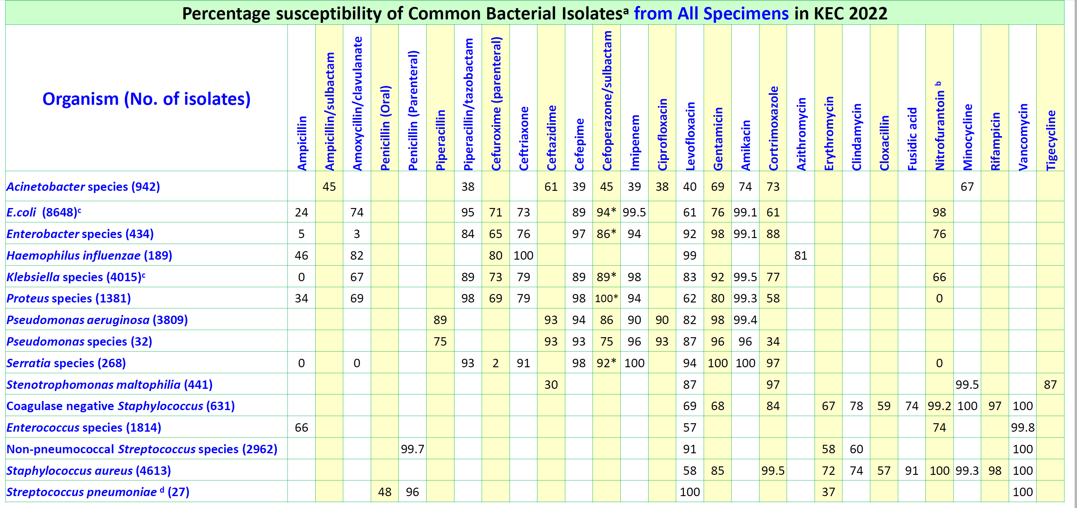 Table KEC-1. Antibiogram for common bacterial isolates, Kowloon East Cluster, 2022